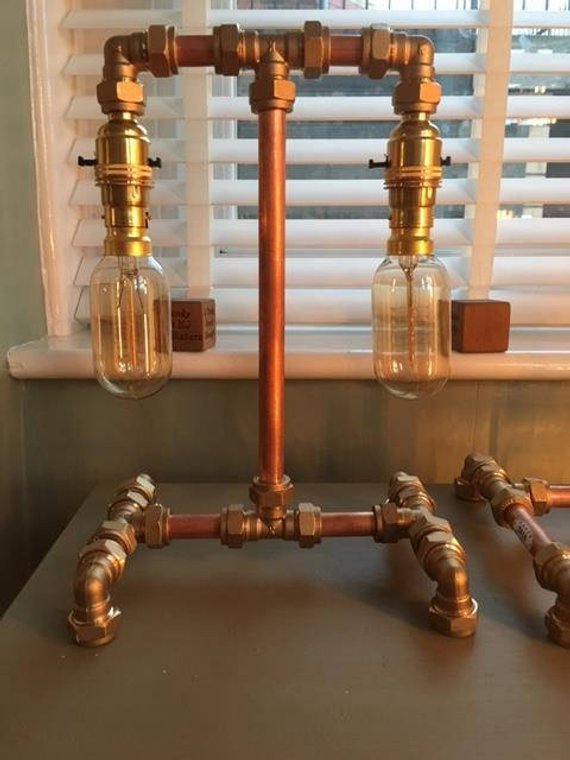Steampunk Industrial Metal Retro Copper Pipe Table Lamp Double Bulb